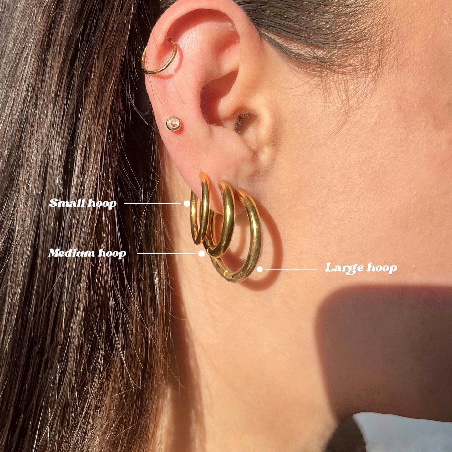 
                  
                    Close-up of an ear wearing gold hoop earrings with labeled sizes.
                  
                