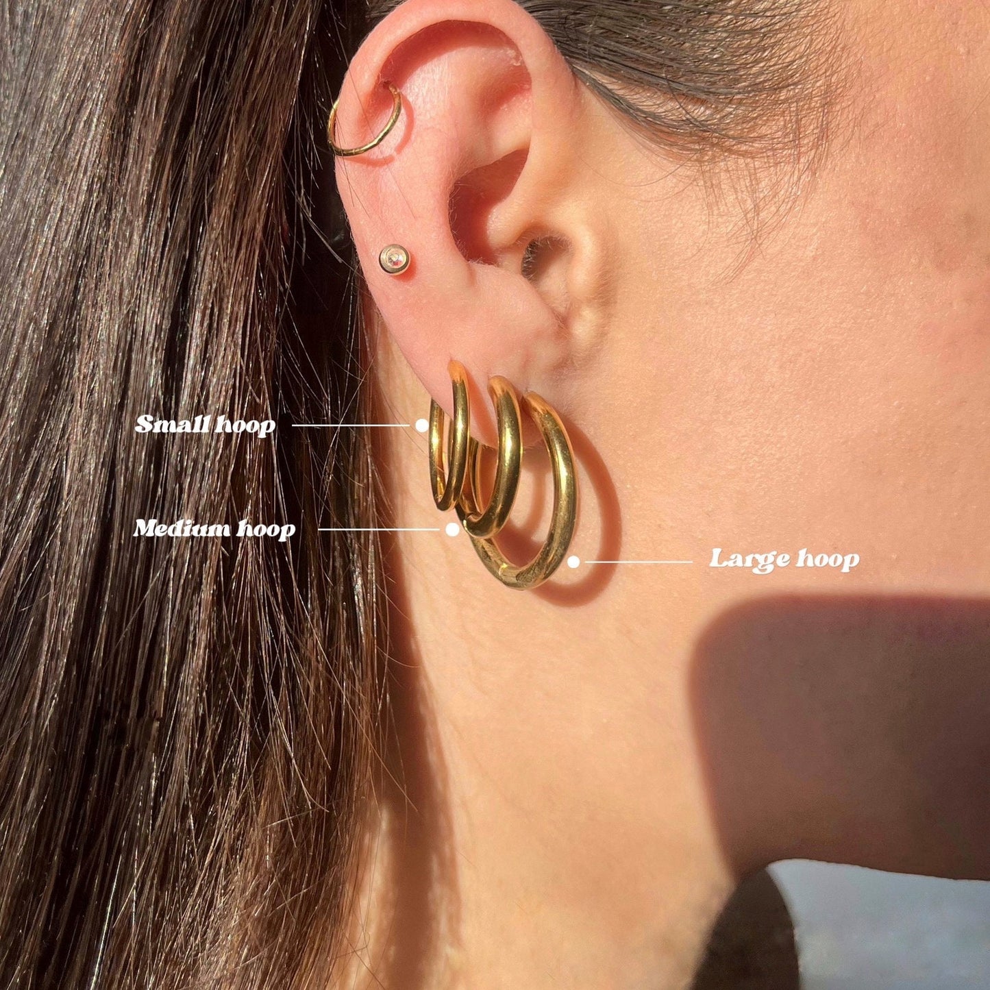 
                  
                    Close-up of an ear wearing gold hoop earrings with labeled sizes.
                  
                