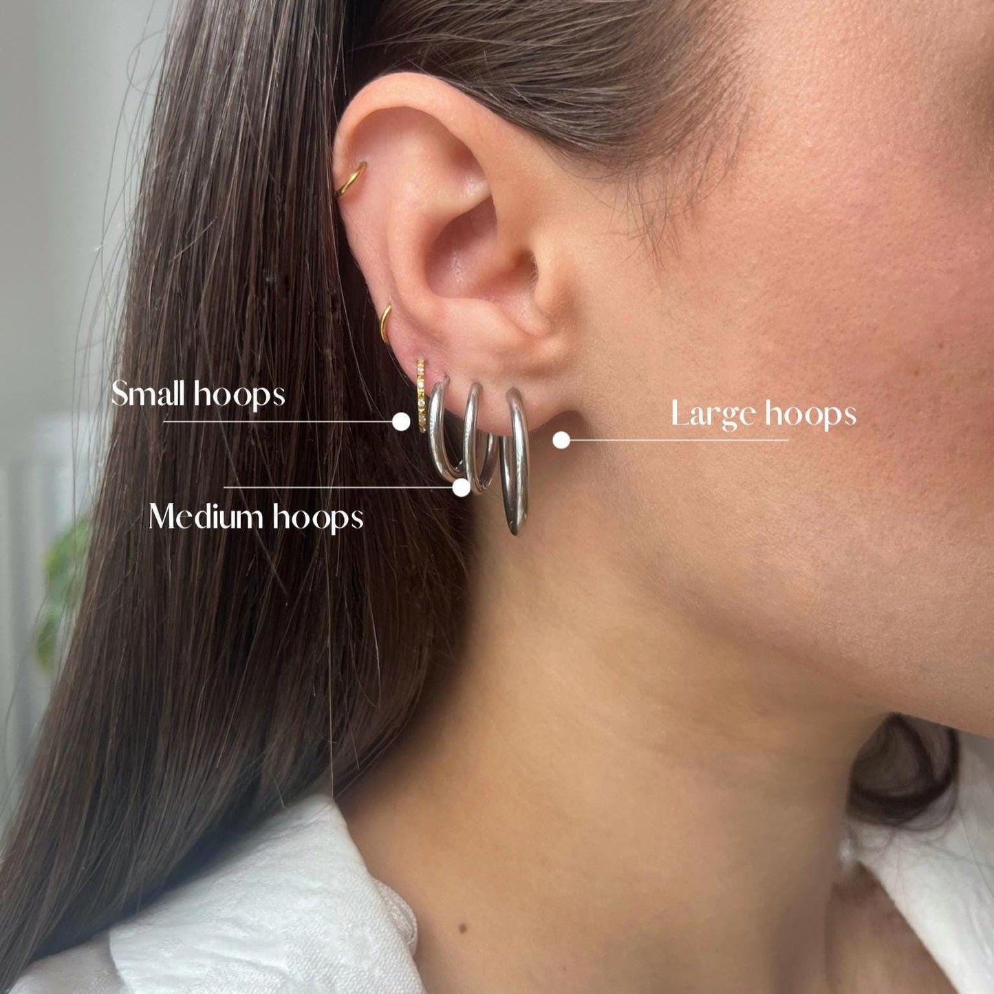 
                  
                    Close-up of an ear wearing different sizes of hoop earrings with labeled categories.
                  
                